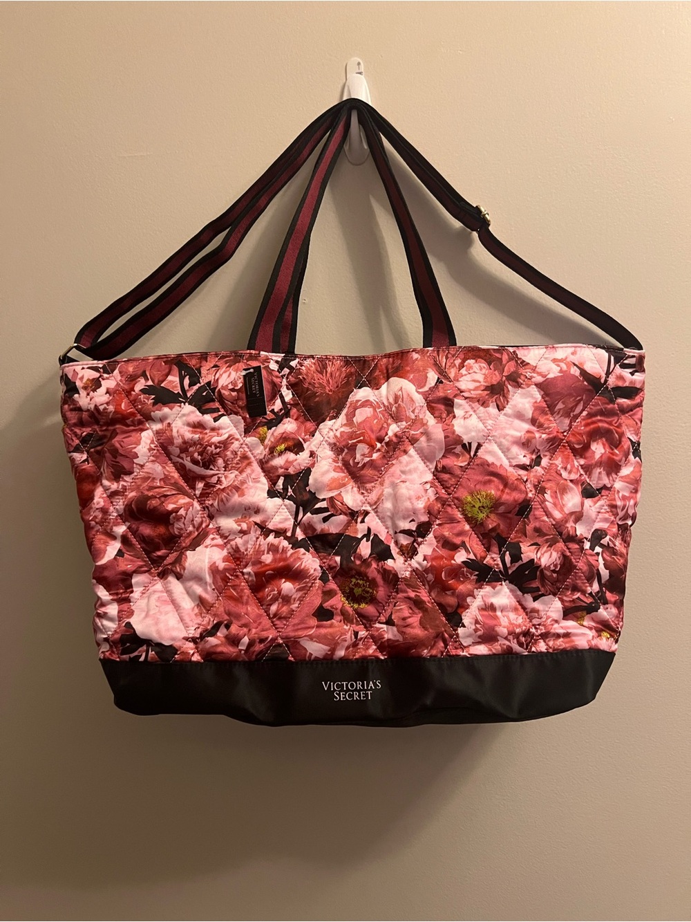 Victoria's Secret Pink Floral Quilted Tote with Black Base